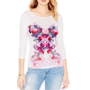 🎉Style Staples HP Y2K Guess Floral T-Shirt Pink 3/4 Sleeve Cozy Sexy Feminine XS
